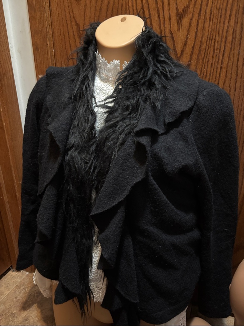 Chico's Black Ruffle Jacket with Faux Fur Trim